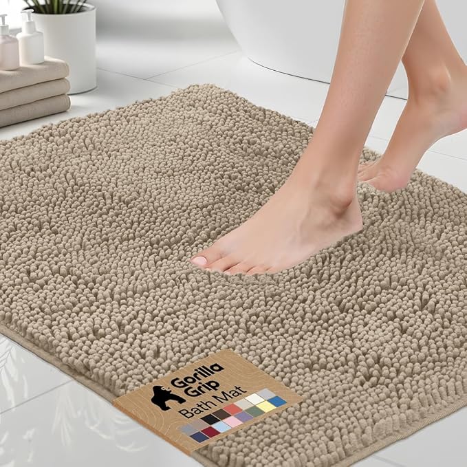 GORILLA GRIP Bath Rug Mat 30x20, Thick Soft Absorbent Chenille, Quick Dry Microfiber Mats, Rubber Backing Washable Shower Floor Rugs, US Designed Bathroom Bathmat Home Decor Accessories, Gray Beige