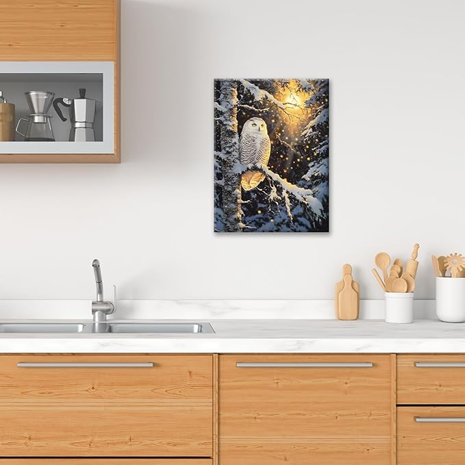 Owl Wall Art, Winter Snow Owl Pictures Wall Decor, Forest Animal Canvas Prints Painting, Framed Artwork for Bathroom Living Room Bedroom Office Dining Room 24"X16"