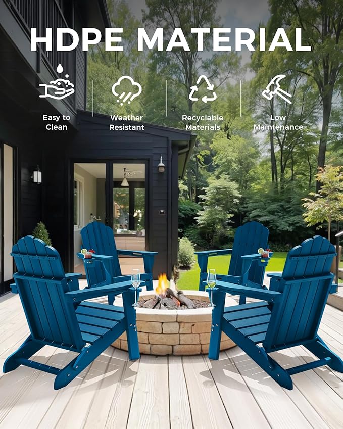 Folding Adirondack Chairs Set of 2,All-Weather HDPE Fire Pit Chair with 2 Cup Holders, Plastic Outdoor Chair for Patio Deck Garden Lawn, NavyBlue