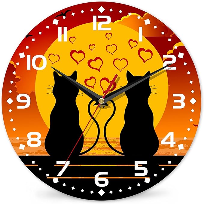 Two Cats in Love Seaside Wall Clock, Contemporary Easy to Read Decor