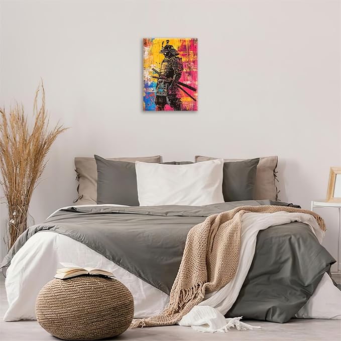 Japanese Wall Art, Graffiti Samurai Pictures Wall Decor, Banksy Samurai Canvas Prints, Japan Painting, Framed Artwork for Bathroom Living Room Bedroom Office Dining Room 24"X16"
