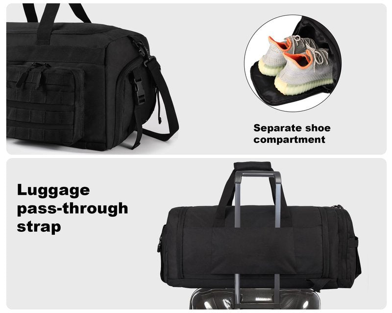 LHI 50L Tactical Duffle Bag for Men, 3-in-1 Gym Duffle and Backpack, Shoe Compartment, Laptop Sleeve and MOLLE, Carry-On Travel Weekender and Overnight Bag – Black