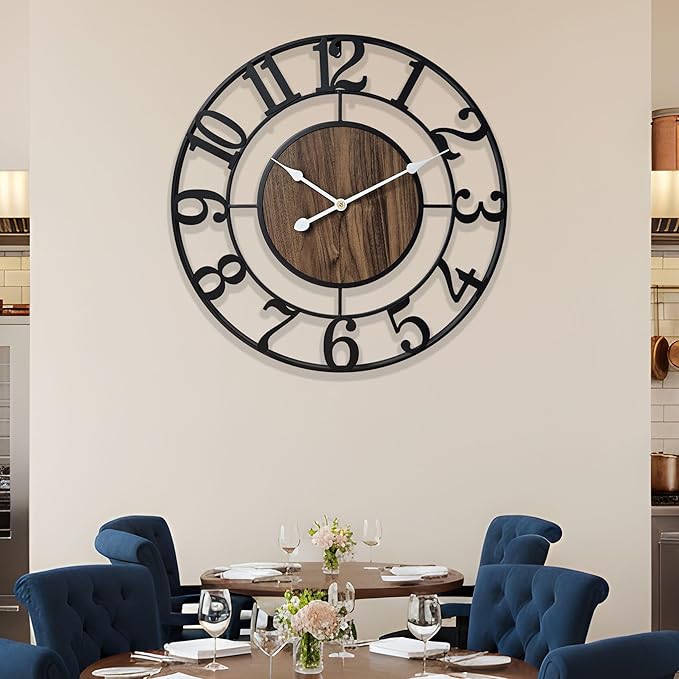 Large Metal Wall Clock, 24 Inch Retro Decorative Silent, Non Ticking, Battery