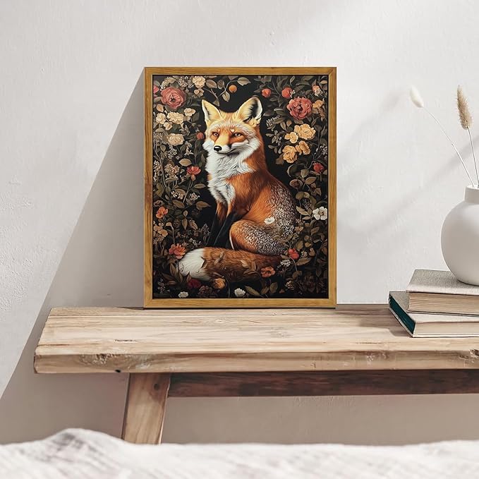 Djmwtb William Morris Framed Wall Art Fox Canvas Wall Art Prints Vintage Animal Painting Boho Flower Floral Botanical Pictures Artwork for Living Room Bedroom Office 12x16in