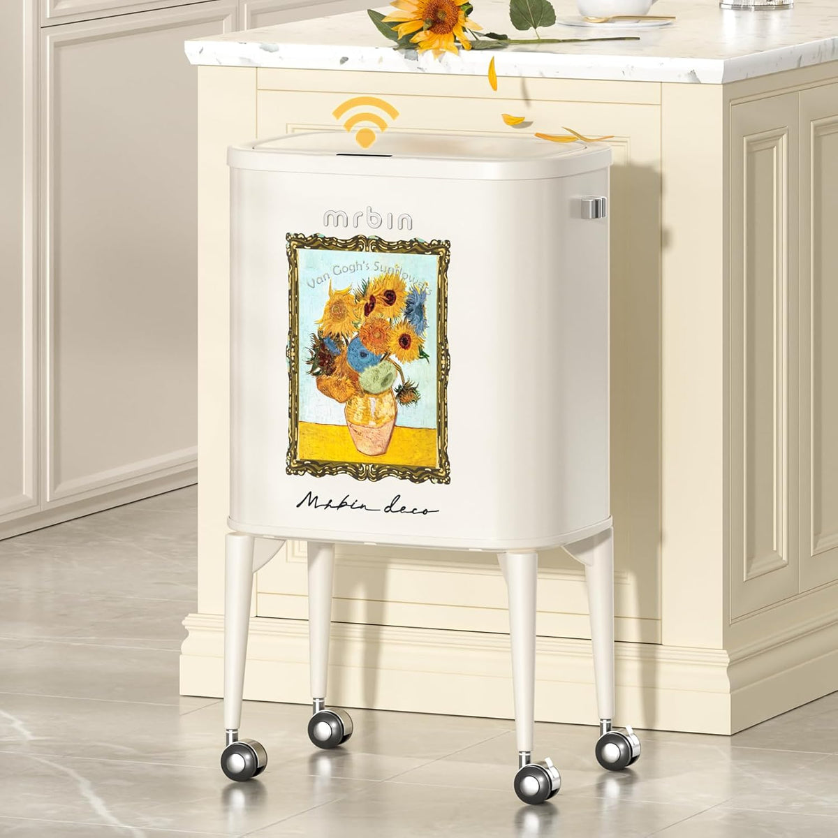 MRBIN Metal Motion Sensor Kitchen Trash Can with Wheel Legs, 36L / 9.5gal Medium Press Lid Slim Waste Basket, Pet Proof Tall Narrow Garbage Pail for Vanity, Bedroom, Bathroom, Living Room, Sunflower