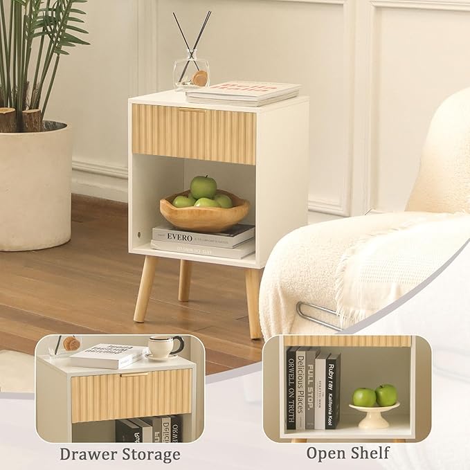 Nightstand, Modern Bedside Table with Drawer and Open Shelf, Fluted Night Stand with Solid Wood Legs for Bedroom, Living Room, Office (White Oak)