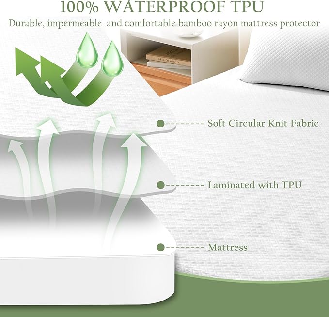 100% Waterproof California King Mattress Protector, Breathable Bamboo Rayon Mattress Cover with 8”-21” Deep Pocket, Noiseless Cool 3D Air Mattress Cover, Hypoallergenic & Odor Resistant