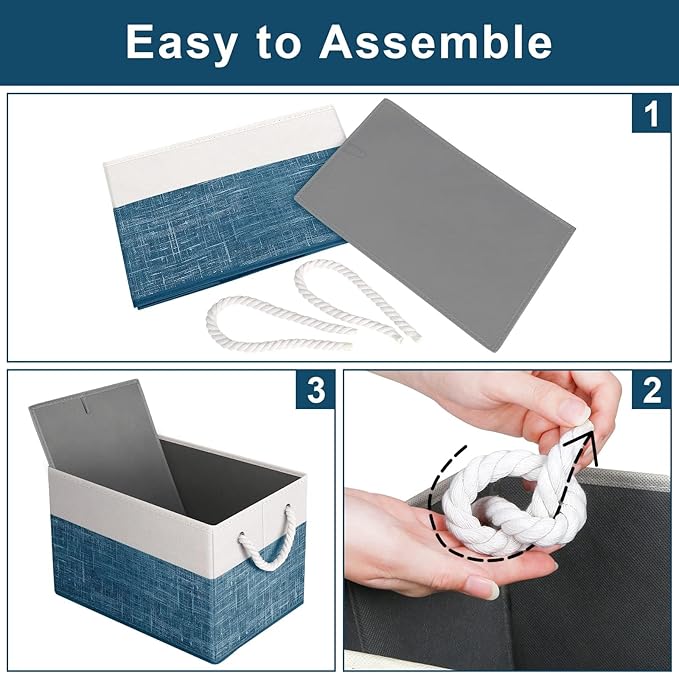 Fab totes Storage Bins [3-Pack], Foldable Storage Baskets for Organizing Toys, Books, Shelves, Closet, Large Storage Box with Rope Handles, Sturdy Organizer Bins, White & Blue