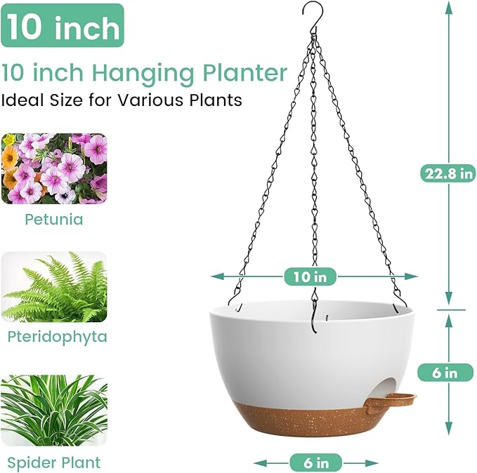 UOUZ Set of 3-10 Inch Self Watering Hanging Planters for Indoor Outdoor，Hanging Plant Pots with Drainage & Removable Tray, Hanging Pots Holder for Pothos Plant, Ferns, Balcony & Patio,White with Brown