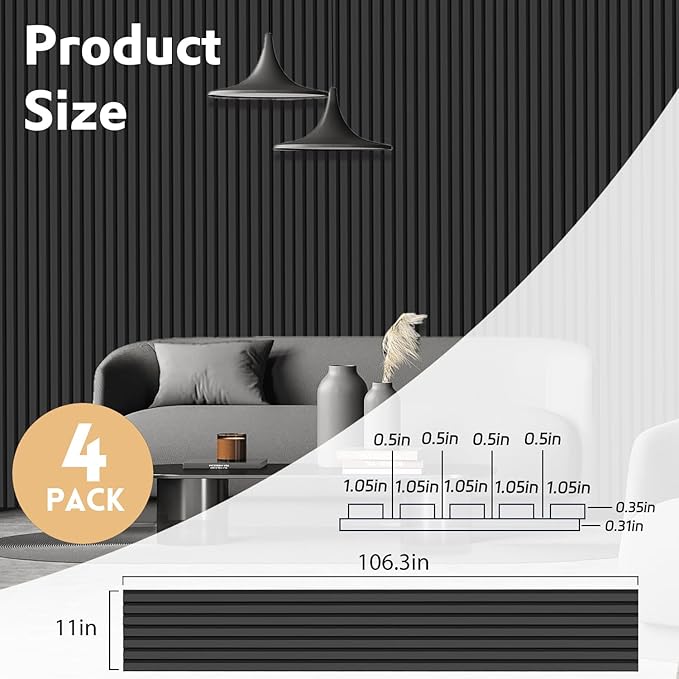 4 Pack Wood Panels for Wall, 106.3" × 11" Wood Slat Acoustic Panels for Wall