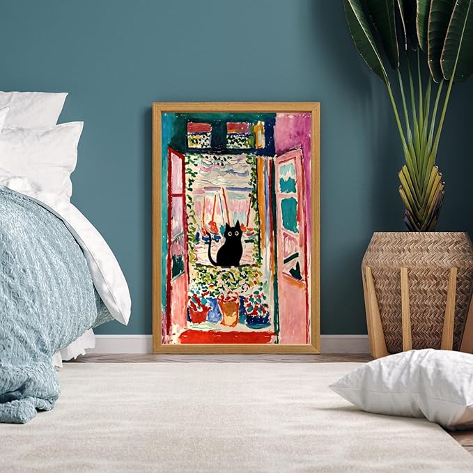 FASWQ Whimsical Black Cat Wall Art, Van Gogh Matisse Picasso Wall Decor, Funny Bathroom Canvas Paintings, Cute Animal Aesthetic Pictures for Living Room Kids' Room Wood Framed Ready to Hang 12"x16"x3
