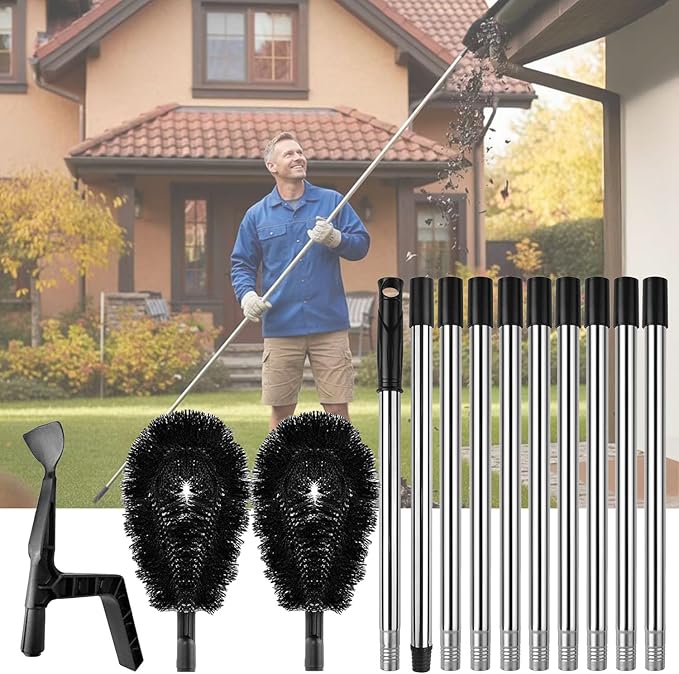 Gutter Cleaning Tools from Ground - 13FT Long Adjustable Gutter Cleaner with 2 Brushes Heads and Scoop, Rain Gutter Cleaning Tool for Easily Clear Roof Leaves and Debris