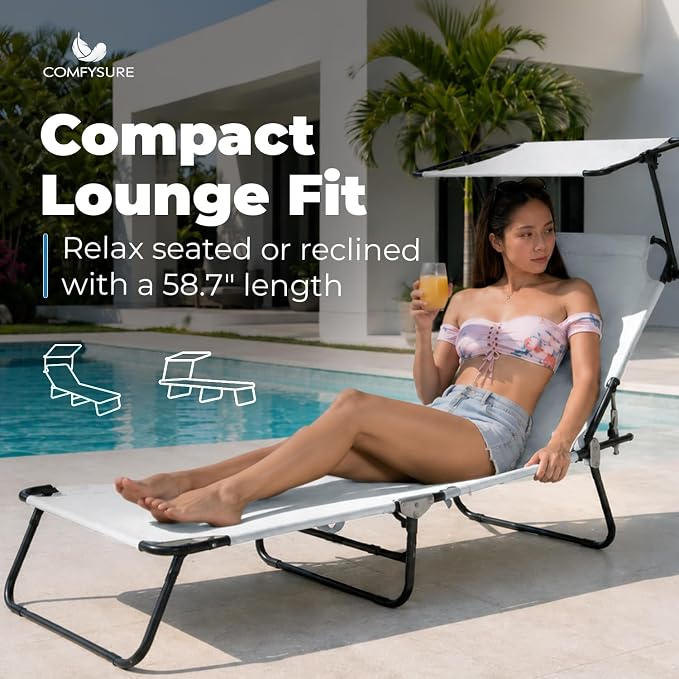 Folding Outdoor Lounge Chair with Canopy - Portable & Adjustable Beach Lounge Chair - 5-Positions, Carry Handles, 600D Fabric, 220 lbs Capacity – Tanning Chaise Lounge for Beach, Patio (2, Cream)