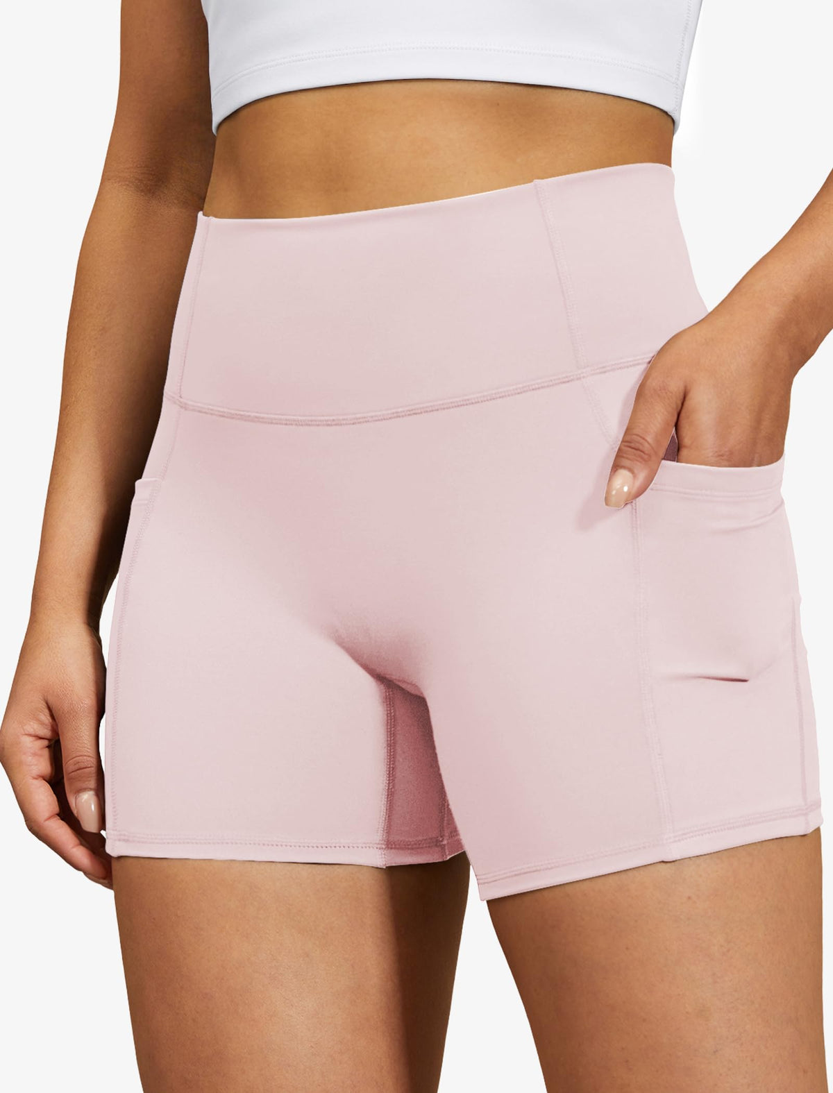 DLOODA Biker Shorts for Women, High Waisted Yoga Workout Tummy Control Spandex Compression Gym Running Shorts with Pockets Pink