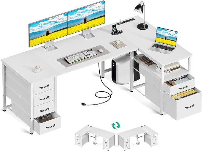 Coleshome L Shaped Computer Desk with 6 Drawers & Power Outlet, 63 Inch Office Desk with Reversible Storage Shelf & File Drawer, Home Office Desk, White