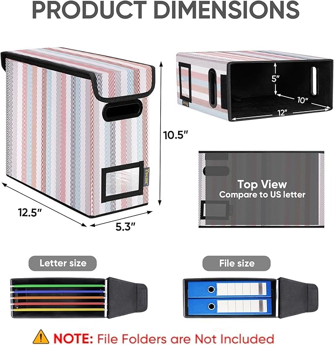 BALEINE File Organizer Box with Lid, Collapsible File Folder Organizer with Plastic Slide, Hanging File Folder Box for Office Document Storage (2 Pack, Color Stripe, S)