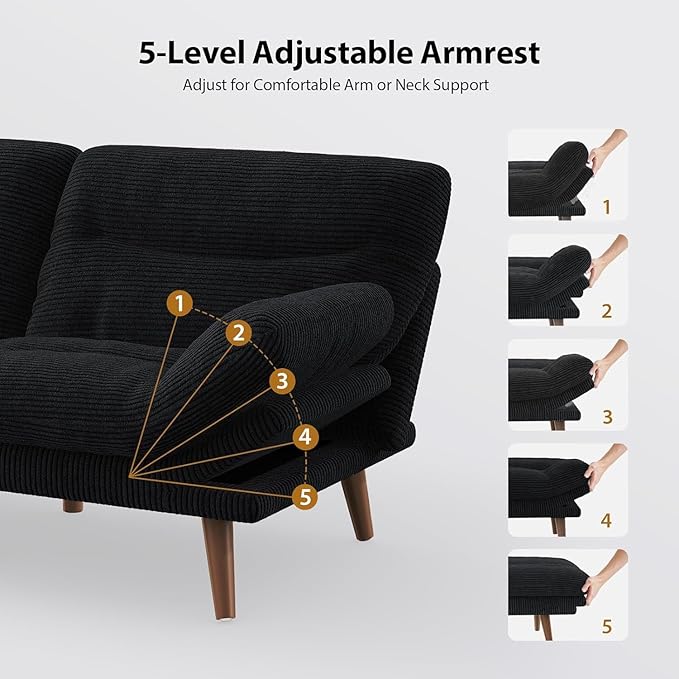 Pipishell Futon Sofa Bed, 66 Inch Corduroy Futon Couch Convertible with Adjustable Backrest and Armrests, Recliner Sleeper Sofa for Small Spaces, Living Room, Office, Guest Room (Black, 66 Inch)