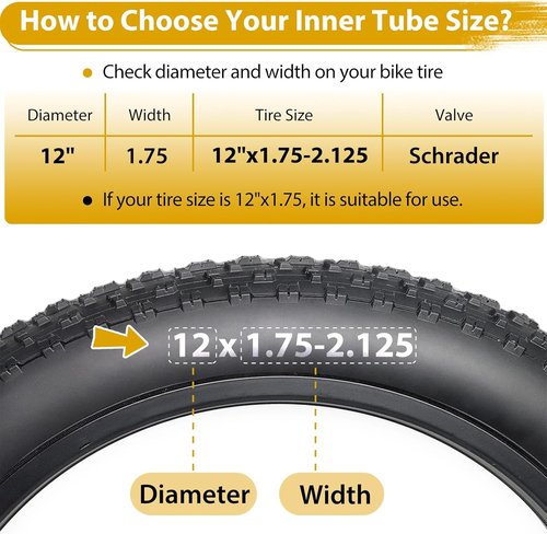 12 Inch Bike Tube - AV32mm Schrader Valve | 2 Pack Butyl Rubber Inner Tubes with Tire Levers for Kids & MTB