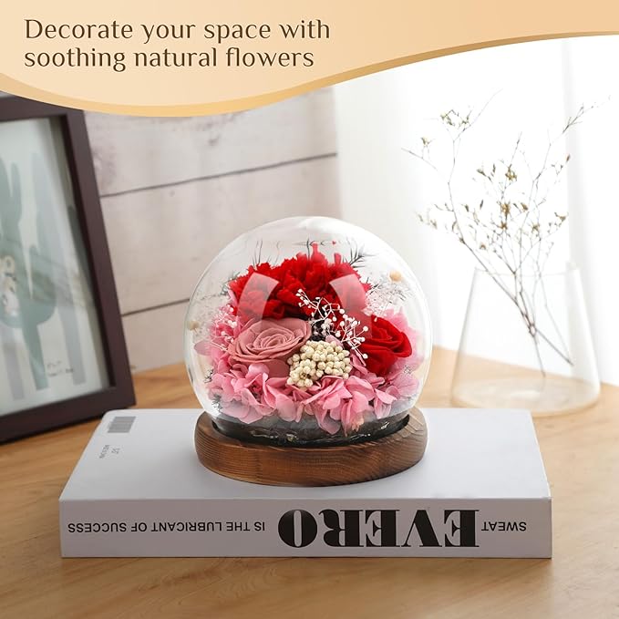 Preserved Flowers,Rose in Glass Dome with LED Light, Gifts for Her, Women, Mom,Grandma,Girlfriend, Wife- Style3
