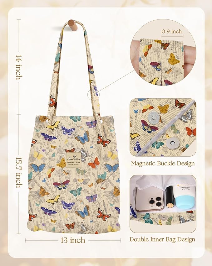 Miss Adola Corduroy Tote Bag for Women - Reusable Totes with Magnetic Buckle & Pocket Aesthetic Design Work Grocery Bags