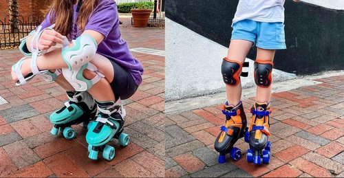 Lenexa Go GRO Adjustable Quad Roller Skate Bundle – Kids Roller Skates with Wrist Guards, Knee Pads, Elbow Pads, and Matching Backpack (Black, Teal, Adjustable Medium (12J to 2)