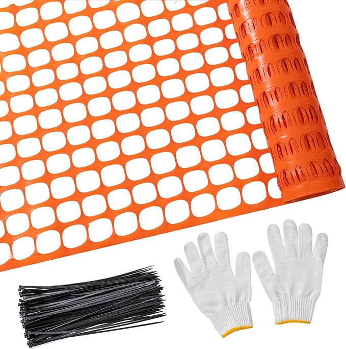 PotatoLife Plastic Mesh Fence Safety Fence, 4'x100' Roll with 100 Zip Ties, Resuable Temporary Netting for Garden Fencing, Construction, Snow Fencing, Animal Barrier, Poultry, Deer, Patio, Orange