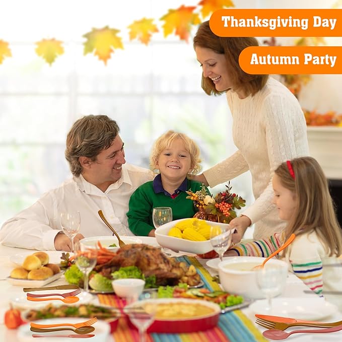 153PCS Fall Plastic Cutlery, Thanksgiving Plastic Silverware Heavy Duty Disposable Cutlery Set Includes Spoons Forks Knives for Thanksgiving Fall Party