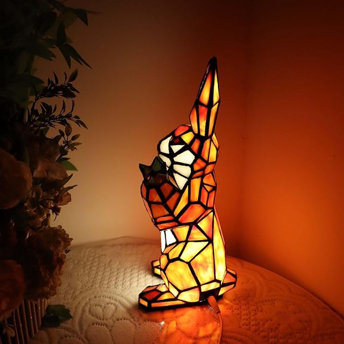 Bieye L10951 Rabbit Holds Carrot Tiffany Style Stained Glass Accent Table Lamp for Home Decor (Orange)