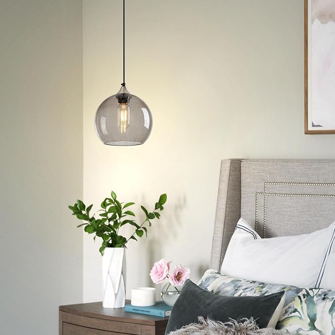 Light Grey Glass Pendant Lights Kitchen Island Lighting Globe Pendant Light Fixtures Modern Pendant Lighting for Bedroom Living Dining Room Light Fixture (7.87 in, 1 Pack)