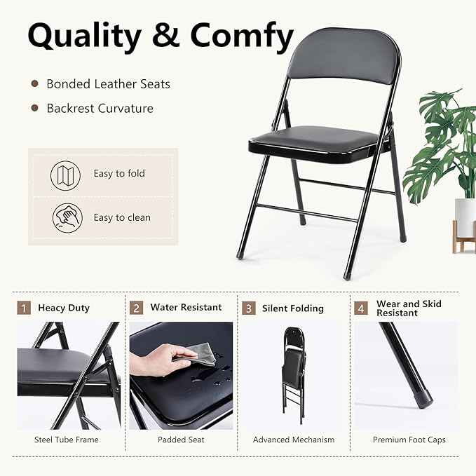 DUMOS 10 Pack Leather Padded Folding Chair, Indoor Outdoor Portable Stackable Commercial Seat with Steel Frame, Capacity for Home, Office, Party, Comfy, Black