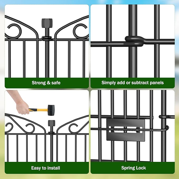12 Panel No Dig Decorative Garden Fence with Gate - 42in H x 25.67 ft L, Tall Animal Barrier for Dogs Rabbits, Rustproof Metal Wire Panels for Yard, Patio, and Outdoor Border Use