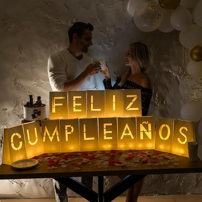 Feliz Cumpleaños Happy Birthday Light Up Letters in Spanish - Luminary Bags Happy Birthday Decorations with Tea Lights Candles and Rose Petals - Feliz Cumpleaños Banner For Your Loved One