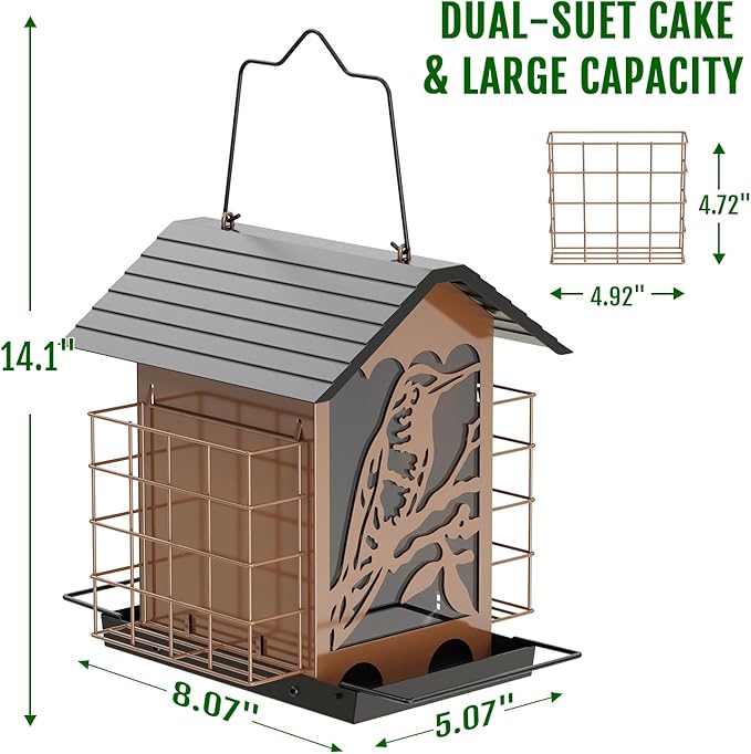 Birdream Bird Feeders for Outdoors, 5 Lbs Metal Bird Feeder with Double Suet Cages, 2 in 1 Mixed Seeds Suet Feeder, Large Capacity & Weatherproof Metal Roof, Attract Cardinals Wildbird Woodpecker