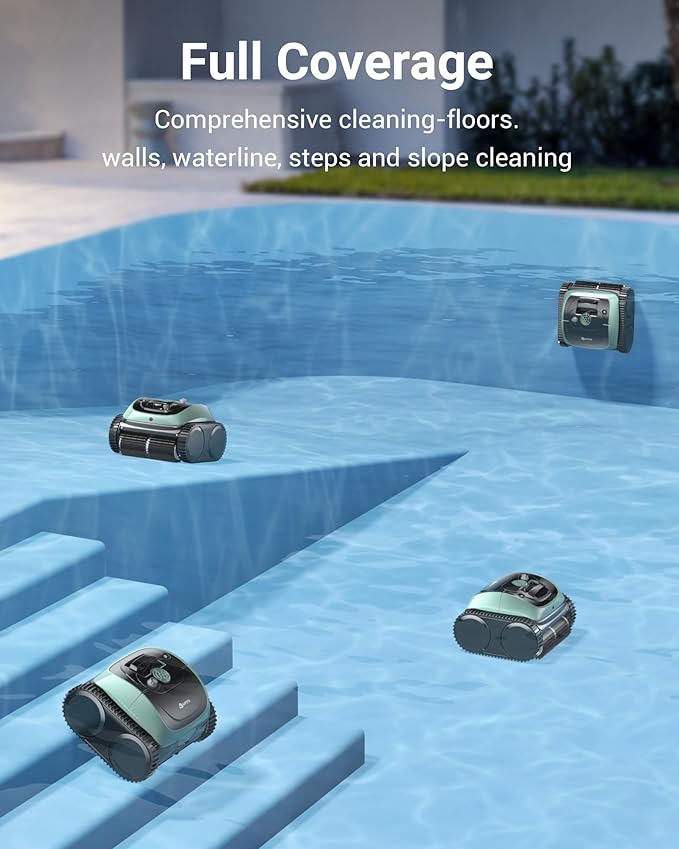 Pool Vacuum for Inground & Above Ground Pools, 4-in-1 Cordless Pool Cleaner, 150 Mins Runtime, APP Control, Triple-Motor & Smart Paths, Wall & Waterline Clean up to 1,614 Sq.ft (Black Green)