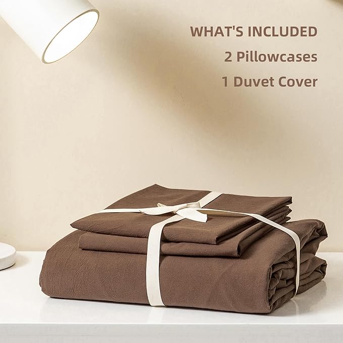 JIYUAN 100% Washed Cotton Duvet Cover Set 3 Pieces King, 1 Duvet Cover 104x90 Inches(Comforter Not Included) and 2 Pillowcases,Linen Feel Bedding Set Comfy and Breathable,Chocolate Brown