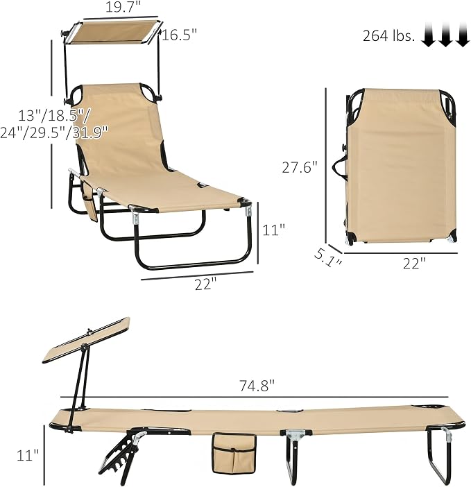 Outsunny Folding Chaise Lounge Pool Lounge Chairs Set of 2, Outdoor Sun Tanning Chairs with Canopy Shade, Reclining Back, Steel Frame and Side Pocket for Beach, Yard, Patio, Tan