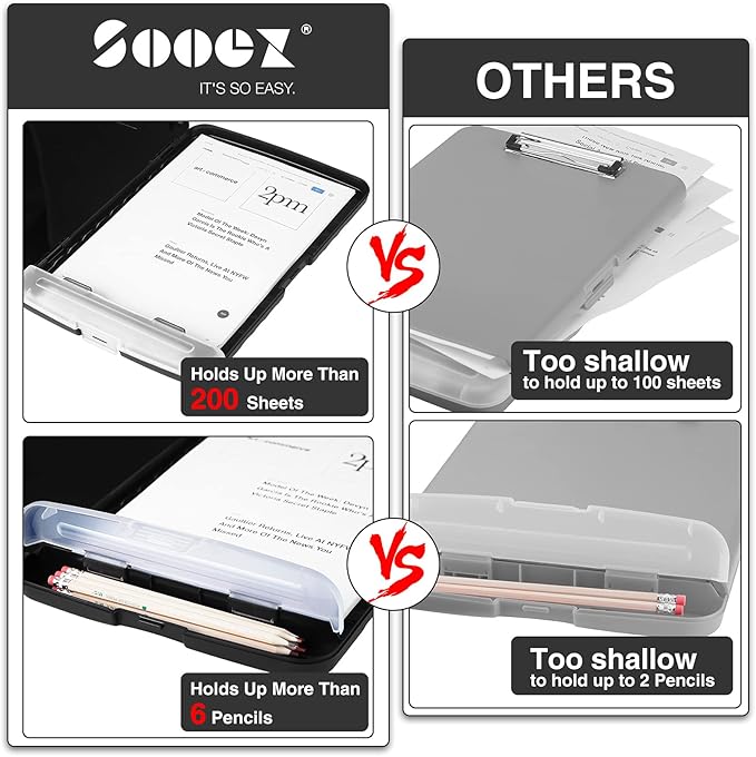 Sooez Clipboard with Storage, Clip Board 8.5 x 11 with Pen Holder, Plastic Organization Case Box for Letter Legal A4 Size Paper, Low Profile Clip, Nurses Teachers Must Haves, School & Office Supplies