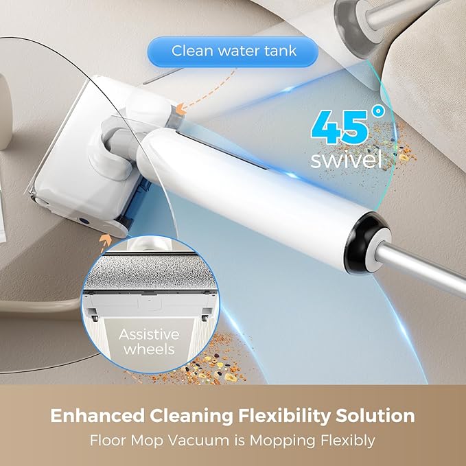 Wet Dry Vacuum Cleaner, 180° Lay-Flat Cordless Vacuum Mop Combo with Edge Cleaning, All-in-One Floor Cleaner for Hard Floors, Self-Cleaning, 45mins Runtime, LED Display, Voice Prompts