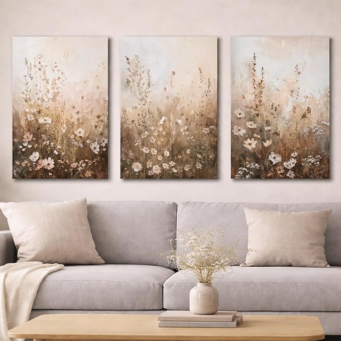 CHTEXA Wildflower Wall Art Canvas Set of 3, Rustic Neutral Botanical Prints