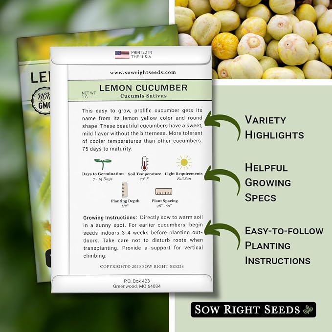 Sow Right Seeds - Lemon Cucumber Seeds for Planting - Non-GMO Heirloom Seeds with Instructions to Plant and Grow a Home Vegetable Garden - Unique Round Variety with Melon Flavor for Outdoors (4)