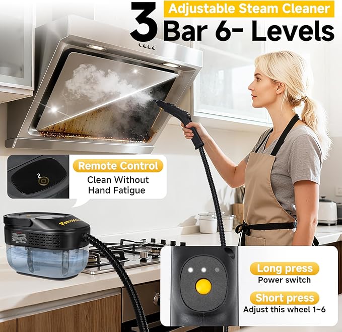 Steam Cleaner, 3-Level Adjustable Handle, 15s Heat-Up, 1500W Steamer for Cleaning, Rolling System, Portable Steamer for Cleaning with Mop & 17-Piece Kit for Home, Car, Grout, Tile, Couch, Kitchen
