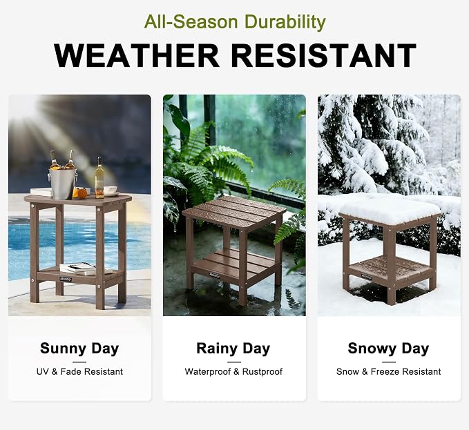 Outdoor Side Table HDPE Small Outdoor End Table Patio Side Tables Square for Backyard Pool Porch Balcony Double Layer Storage, Brown (Wood Grain Finish)
