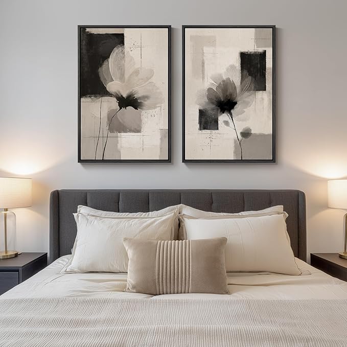 Large Framed Neutral Abstract Floral Wall Art, Minimalist Pictures