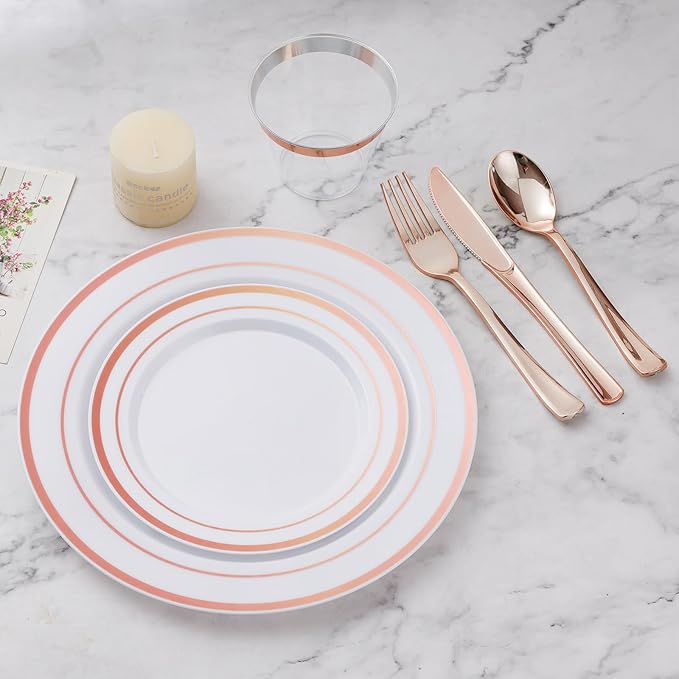 BESTVIP 300PCS Plastic Dinnerware Set (50 Guests), Rose Gold Disposable Plates for Party, Wedding, Christmas, Anniversary, Includes: Dinner Plates, Dessert Plates, Cups, Spoons, Forks and Knives