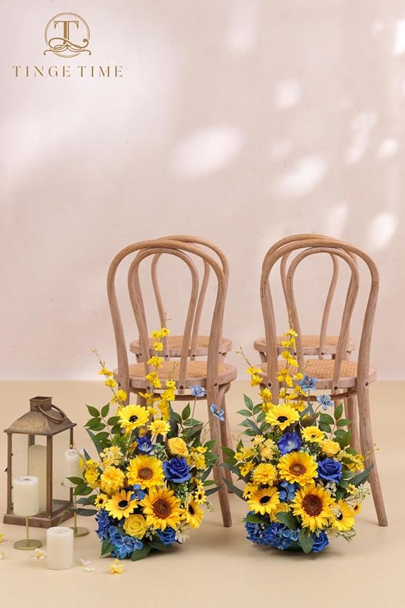 TINGE TIME Free Standing Artificial Sunflower Flowers Set of 2, Wedding Arch Altar Stage Decorations, Silk Fake Flower for Wedding Centerpiece Archway Aisle Welcome Entrance (Sunflower&RoyalBlue)