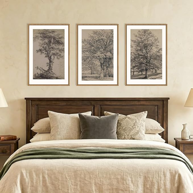 KAIRNE Vintage Tree Sketch Framed Canvas Wall Art Set, Antique Tree Drawings Wall Decor, Retro Forest Art Prints, Modern Nature Landscape Artwork for Living Room, Bedroom, Farmhouse, Office-24 x36 x3