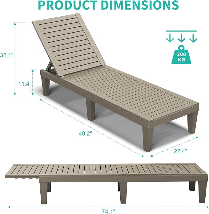 Outdoor Chaise Lounge Chairs Set of 4, 5-Position Adjustable Tanning Lounge Chairs with Wood Texture, All-Weather Resin Patio Lounge Chair for Pool, Garden, Deck, Beach, Striped Grey