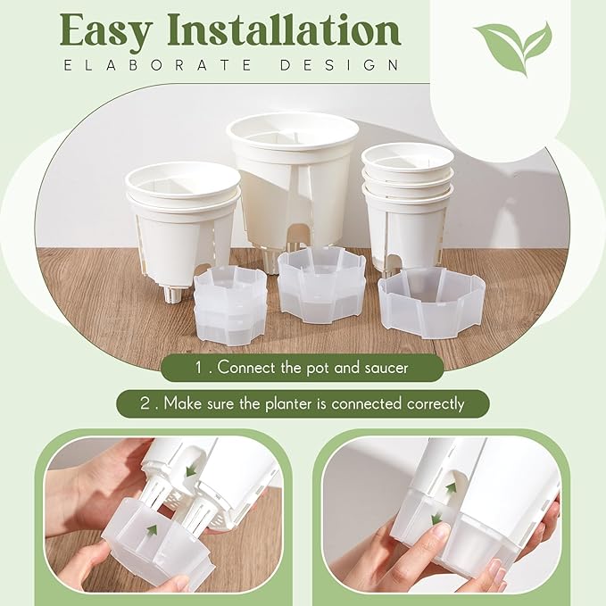 Wonderjune Self Watering Pots for Indoor Plants with Deep Reservoir and High Drainage Holes for Outdoor Plants and Flowers, Bare Root Planter(4.72'', 5.91'', 7.09'',White,9 Pcs)