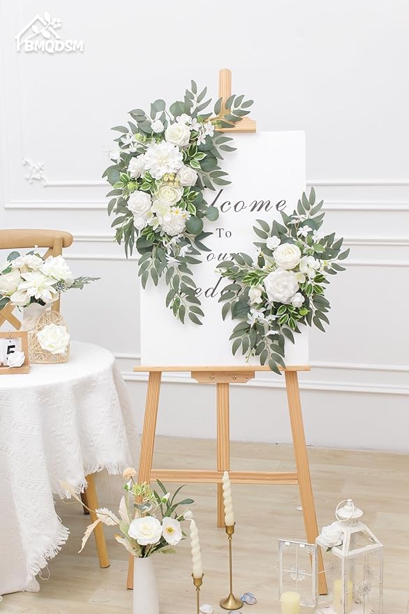 Wedding Welcome Signs Floral(Pack of 2)，Wedding Arch Flowers for Wedding Decorations and Reception Backdrop Decoration (New White)