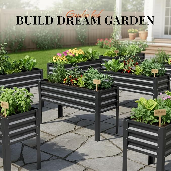 KING BIRD Raised Garden Bed with Legs & Water Storage Tank Galvanized Elevated Planter Box 48×17×31.5 in for Backyard, Patio, Balcony, 300lb Capacity, Dark Grey